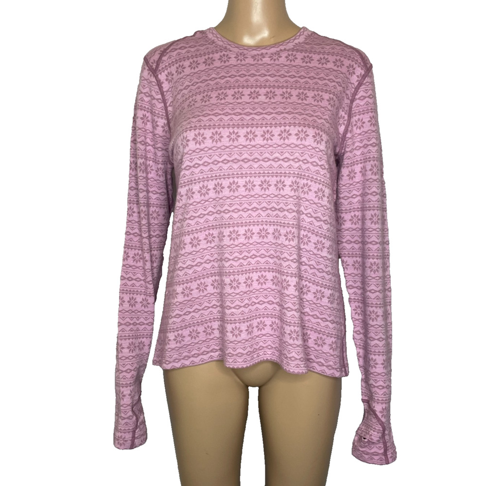 Women Large Terramar Merino Wool Blend Pink Patterned Crewneck Baselayer Winter